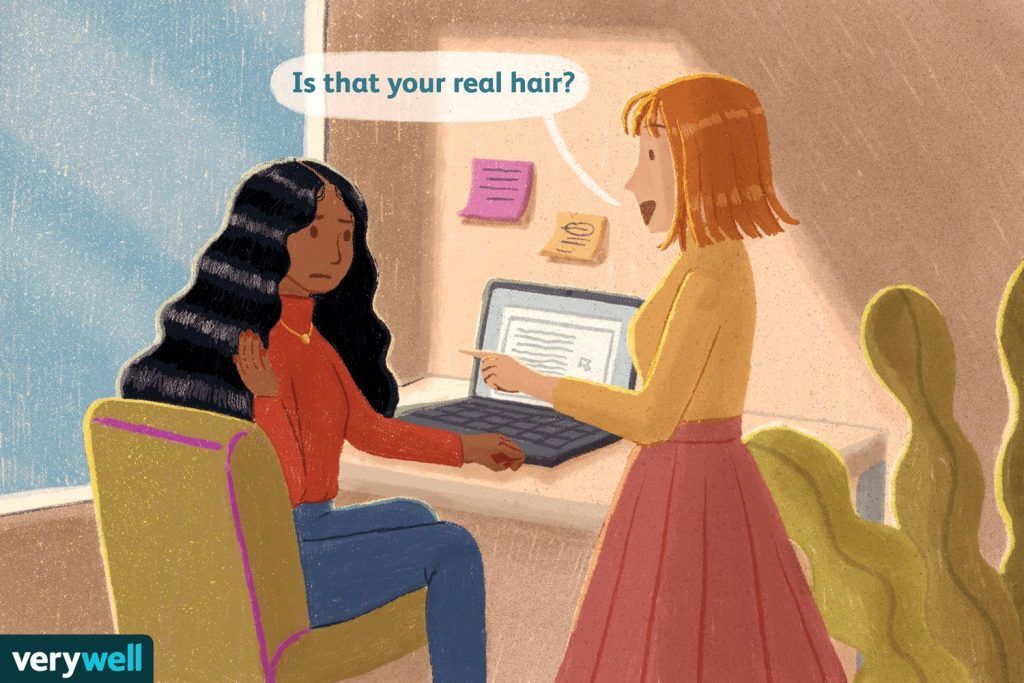 "Two animated women in an office setting; one with long black hair being asked by another with short orange hair, 'Is that your real hair?'"