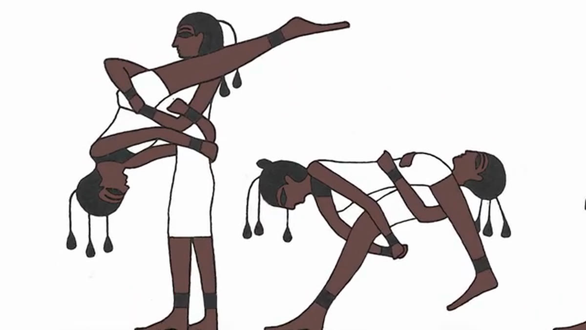 Illustration of ancient Egyptian wrestlers based on the Beni Hasan tomb paintings, from The African History of Sport