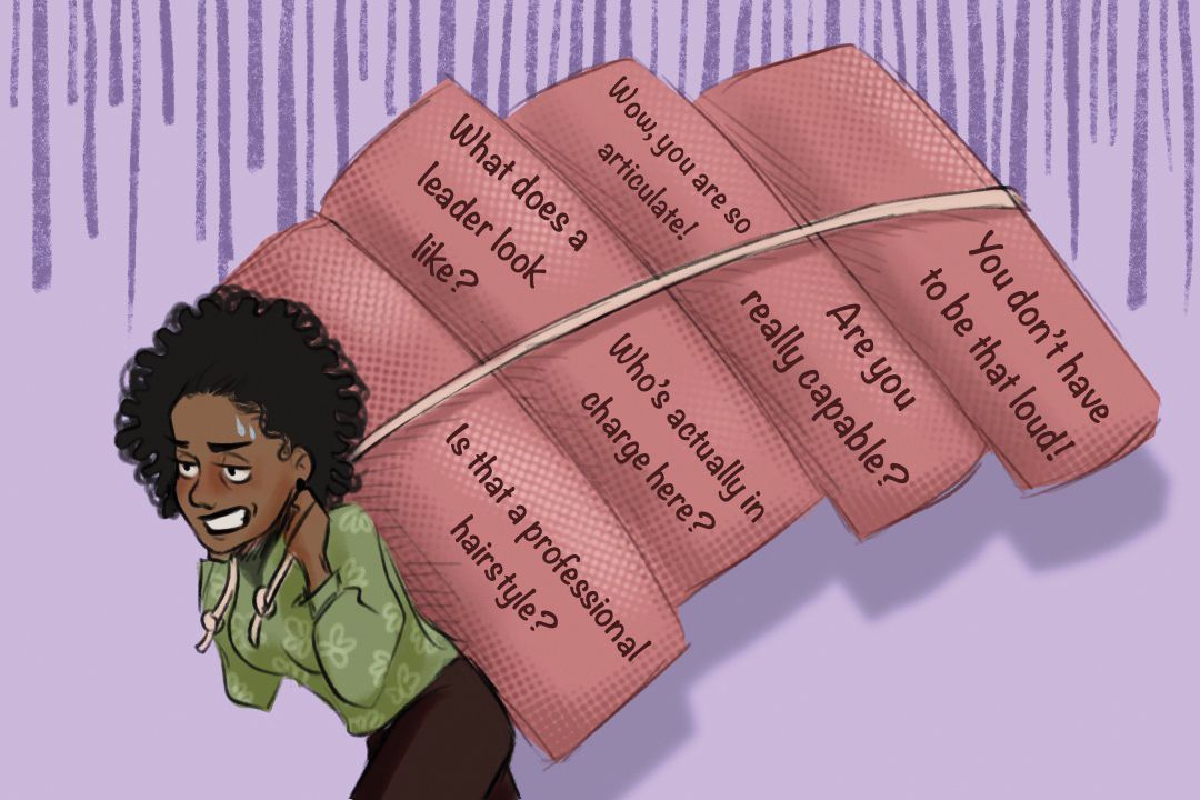 "Dark-skinned woman surrounded by pink sacks with printed microaggressions, set against a backdrop resembling rain."